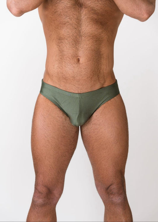 Front view of Byron Bay Brief in shiny forest green